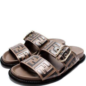 Fendi Women's FF Logo Brown Leather Slide Sandals With Buckle Straps Size 38